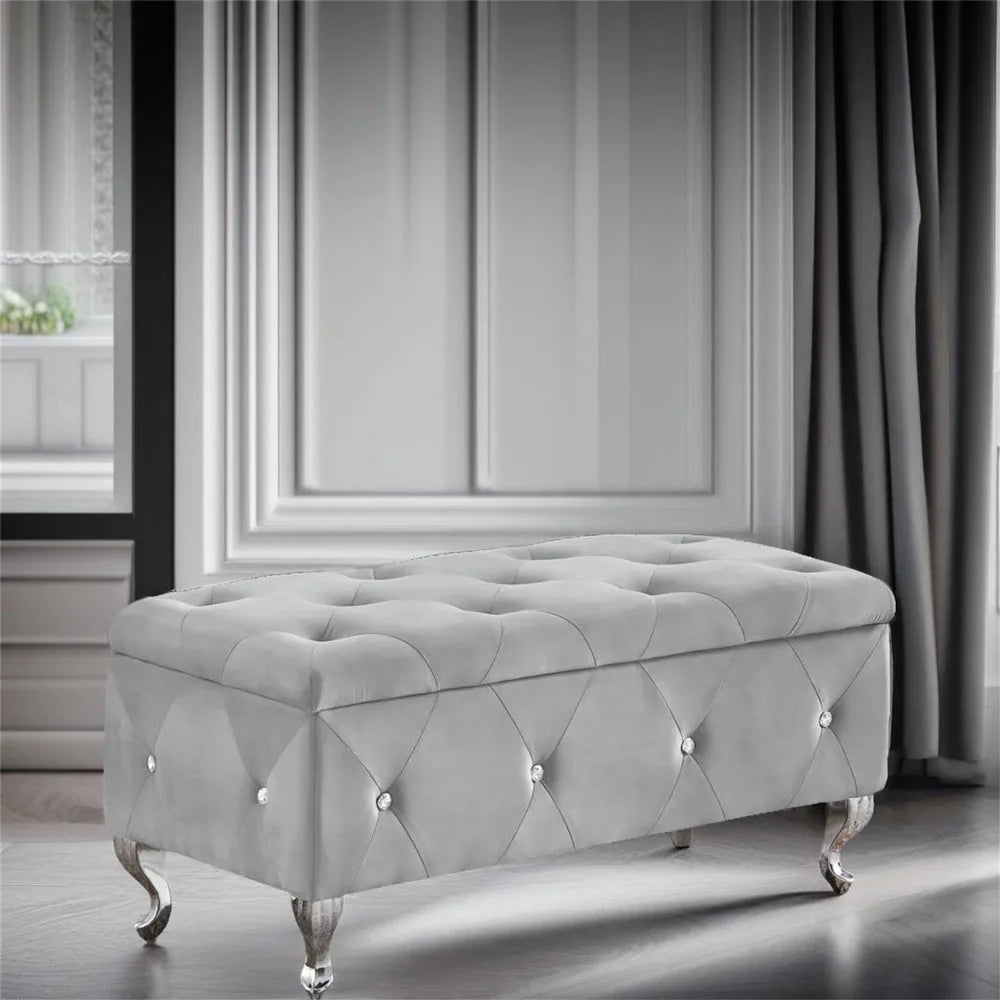 Elegant Grey Velvet Tufted Storage Ottoman Bench with Crystal Button Detailing and Silver Legs - Home Furniture
