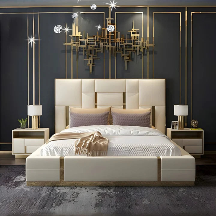 Queen Bed for Home Furniture with Upholstered headboard with sleek metal accents for your luxury Bedroom.