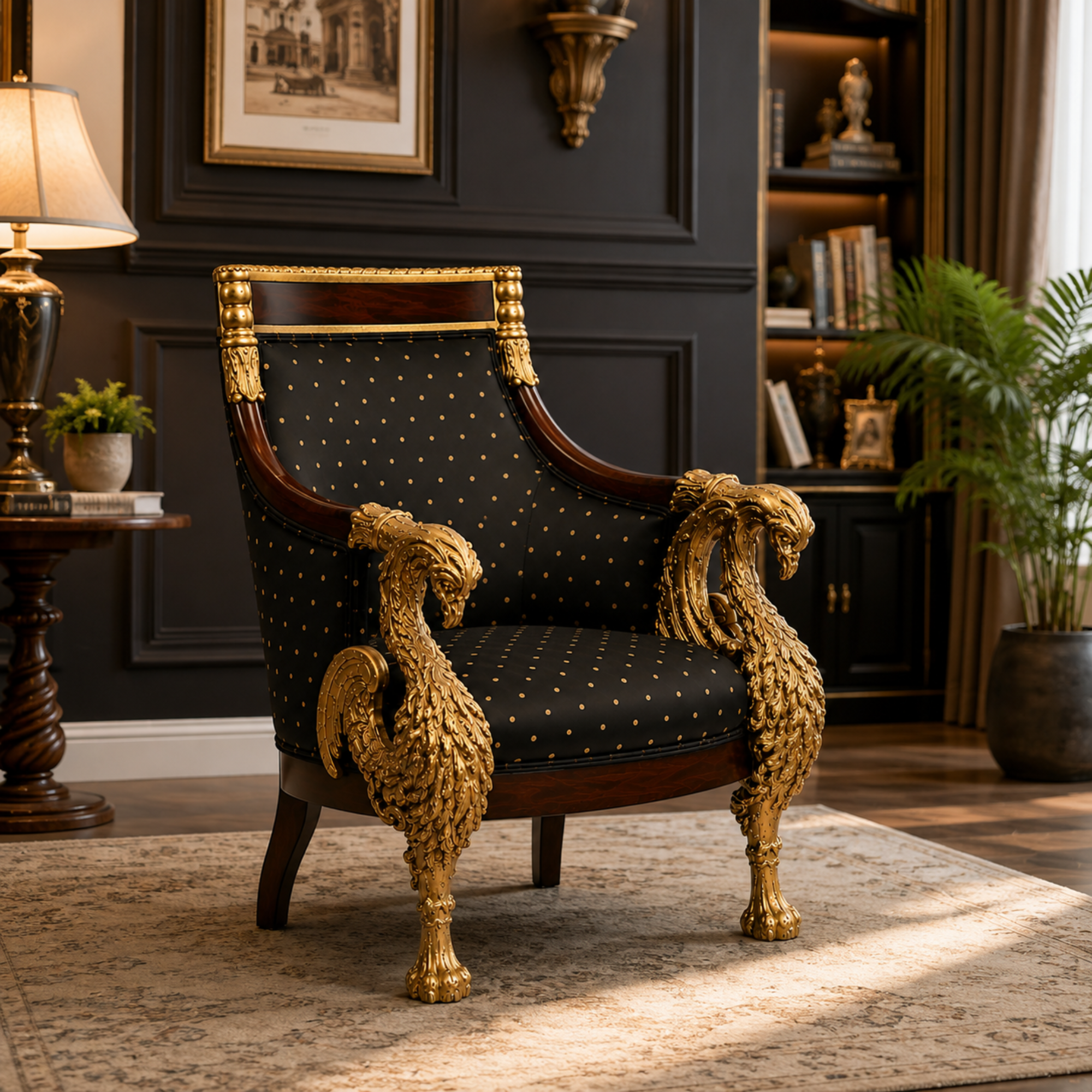 Royal Handcrafted Director's Chair – Solid Teak Wood with Fabric Upholstery & Golden Carved Armrests