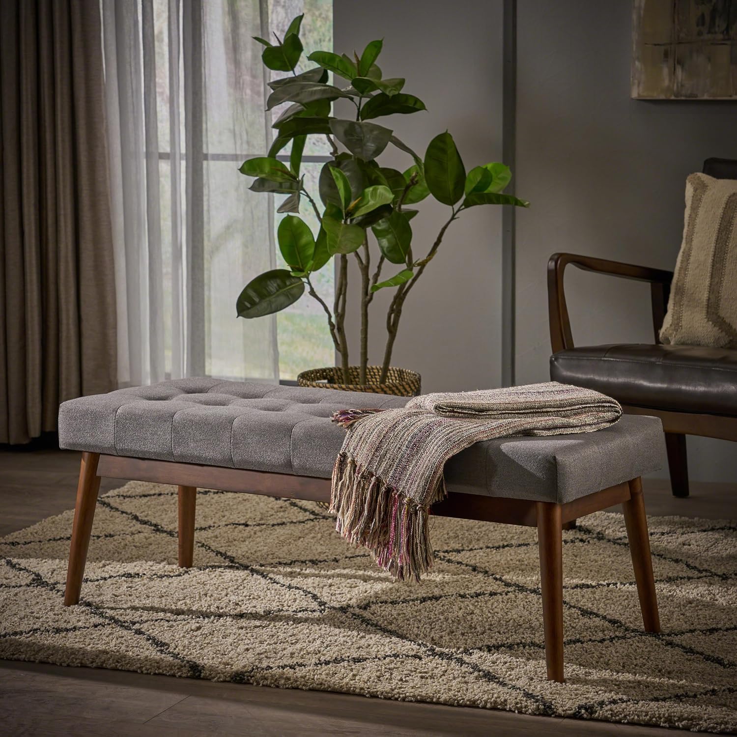 Mid-Century Modern Tufted Fabric Entryway Bench - Upholstered Ottoman for Bedroom, Living Room