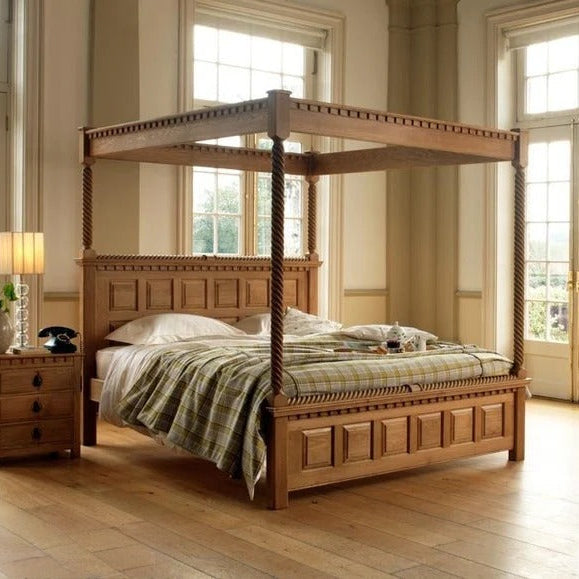 Premium King Size Solid Wood, Poster Bed Features a Natural Finish and Elegant Design to your Bedroom.