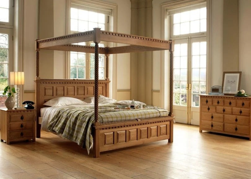 Premium King Size Solid Wood, Poster Bed Features a Natural Finish and Elegant Design to your Bedroom.