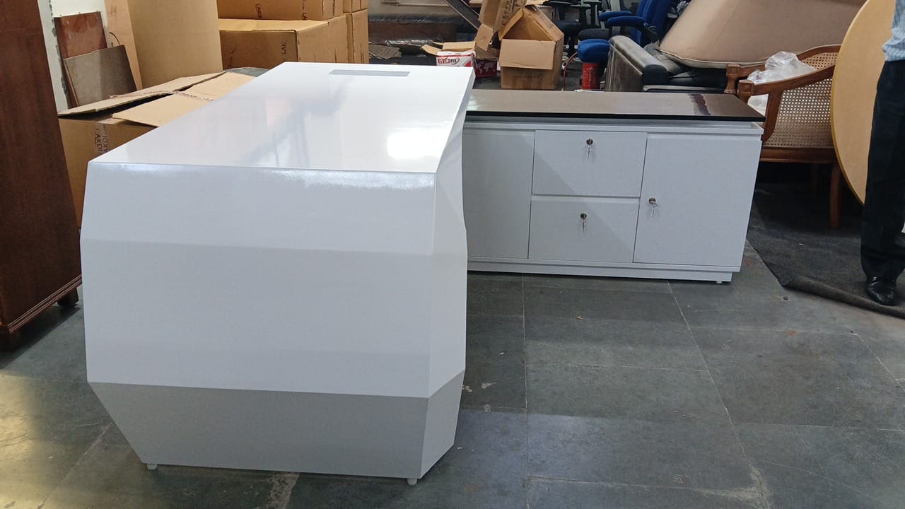 Director & Executive L-Shape Office Table Luxury Desk Made in MDF with Side Unit Drawer and Storage Wire Manager & CPU Storage - White