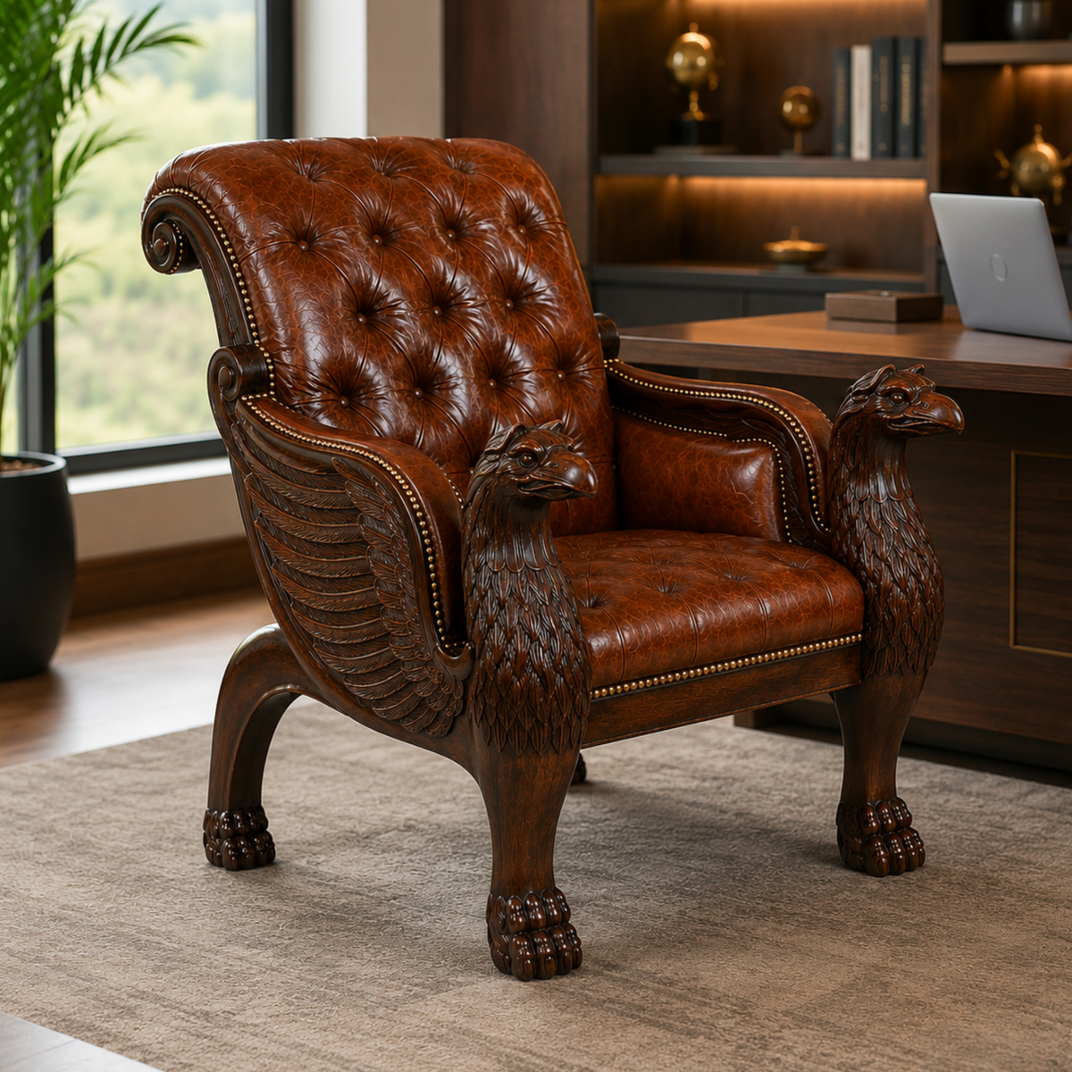Royal Handcrafted Director's Chair – Solid Teak Wood with Leatherette Upholstery & Brown Carved Armrests