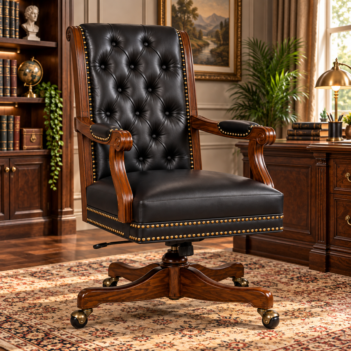 Luxury Office Director Chair Tufted Design Made in Solid wood with Leatherette and High Density Foam - Armrest and Swivel Base and Polish