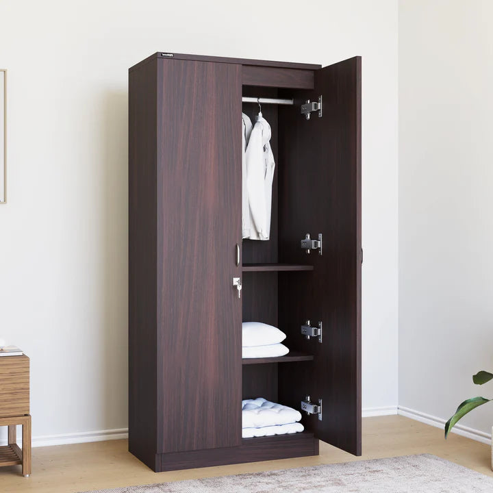 Wooden Wardrobe – 2-Door with Lock Storage Unit in Particle Board Open Shelves