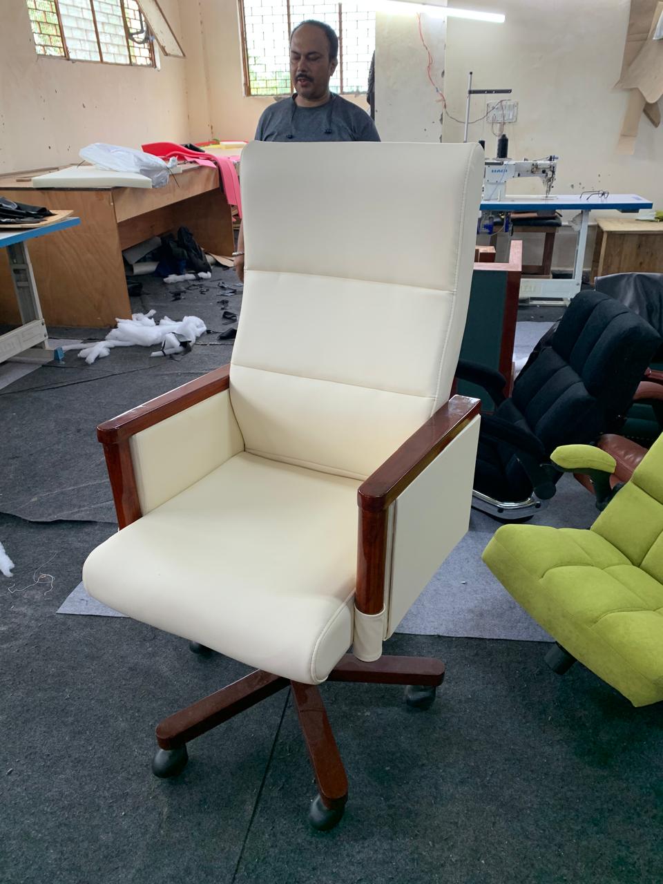 High Back Wooden with Fabric Revolving & Recliner Chair | Director Chair | Office - Cream Color