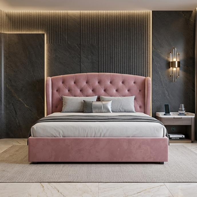Queen Size Upholstered Bed in Premium Pink Velvet with Deep Diamond Tufted Wingback Headboard, Reinforced Teakwood Frame, and Integrated Hydraulic Storage Base