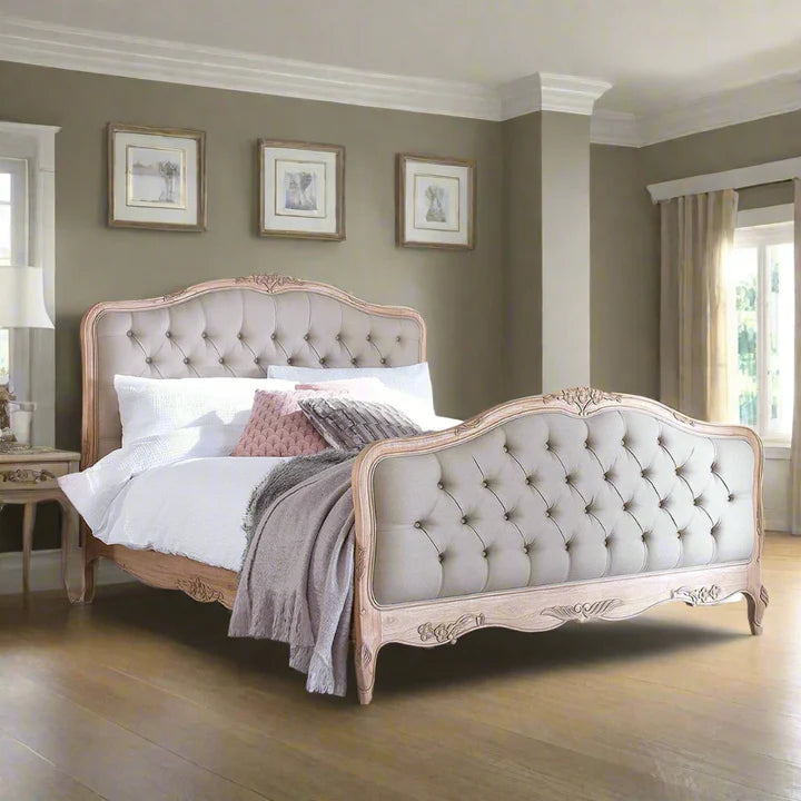 king-size bed with hand-carved Sheesham frame, premium upholstered headboard & footboard.