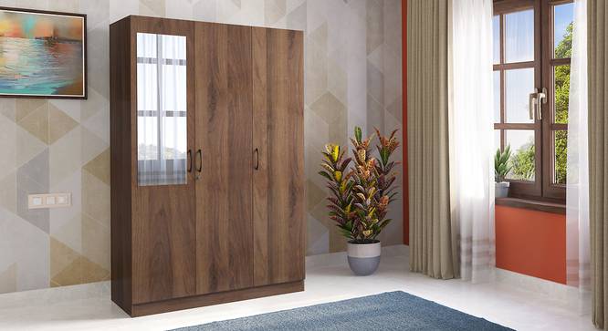 Three‑Door Particle Wood Wardrobe with Central Mirror, Classic Walnut Finish, Built‑in Drawer & Shelves