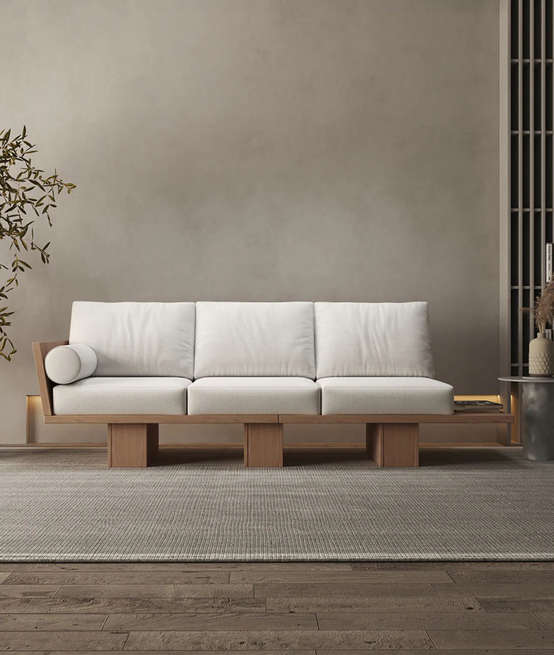 3 Seater Wooden Sofa For Home Furniture, Upholstery Fabric Premium and Durable Design For Living Room and Office- White
