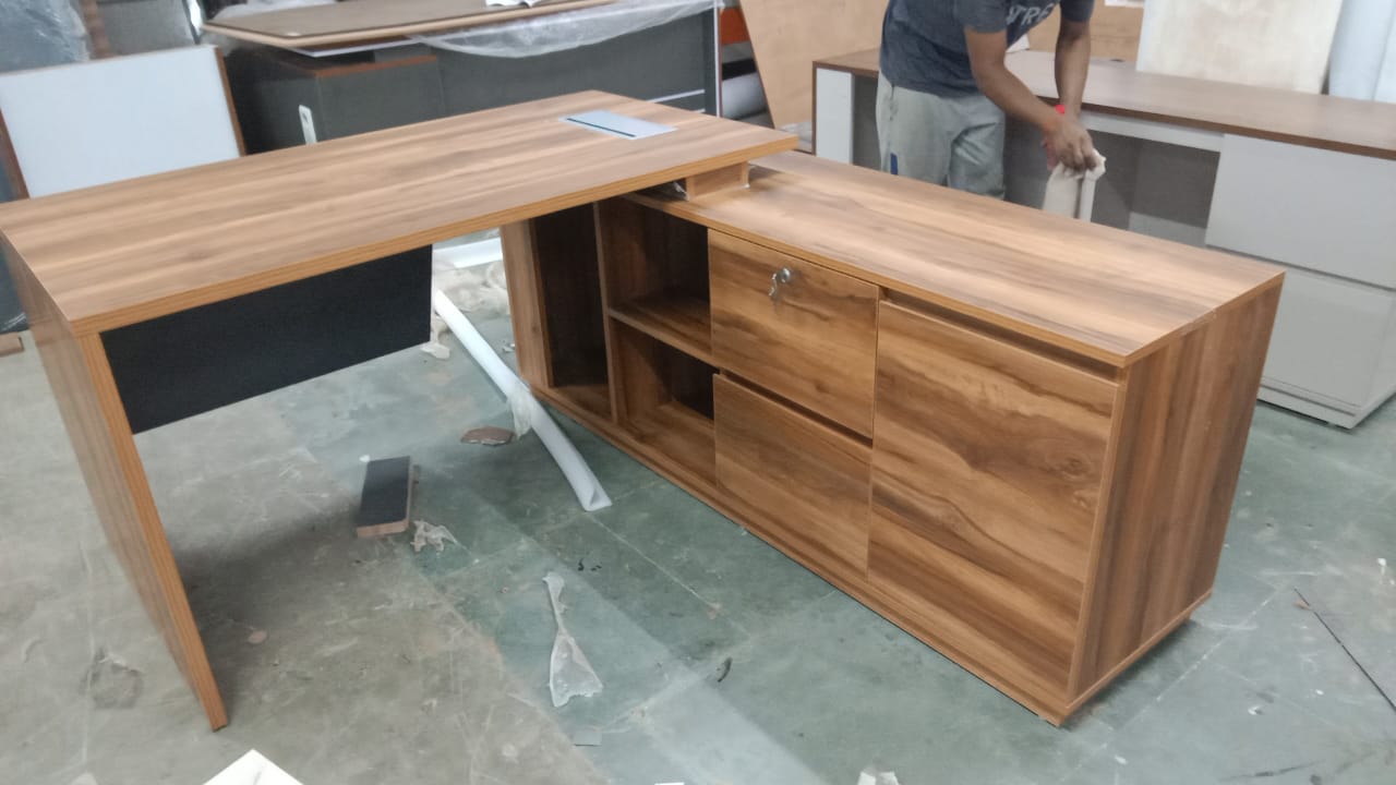 Luxury Director and Executive L Shape Office Table Made Particle Board with  Wire Manger Side Unite and Multi Drawers CPC Space  - Brown Color