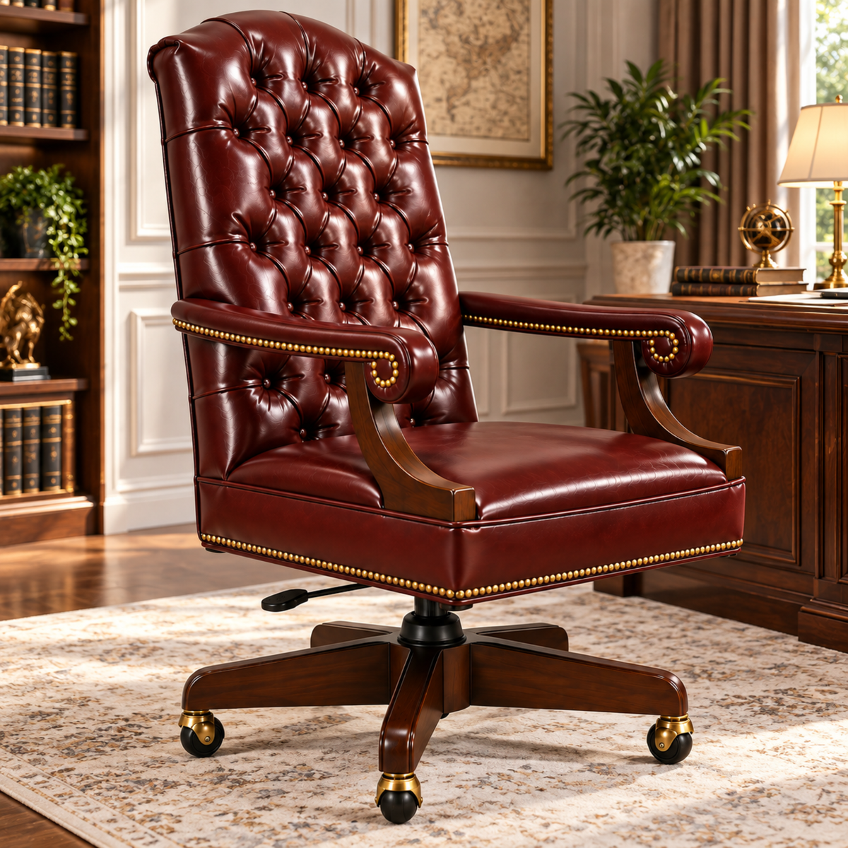 Luxury Office Director Chair Tufted Design Made in Solid wood with Leatherette and Soft Padded - Armrest and Swivel Base and Polish- Dark-Red Cherry