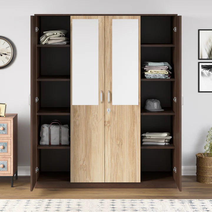 Wardrobe in Particle Wood with 4 Doors and Mirror – Elegant Storage Solution for Bedrooms with Hanging Rod, Shelves, and Drawer Space