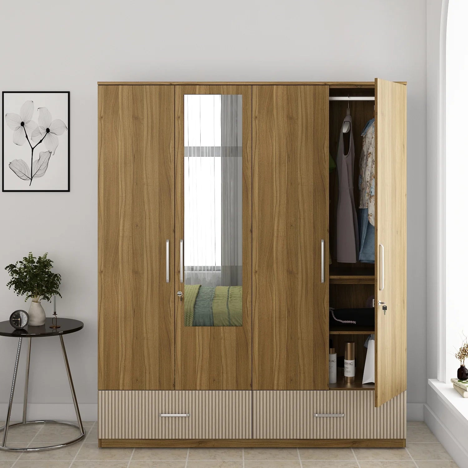 Wardrobe for Home 4-Door Modern Look, Luxurious High-Gloss Finish and Metallic Touch Handles