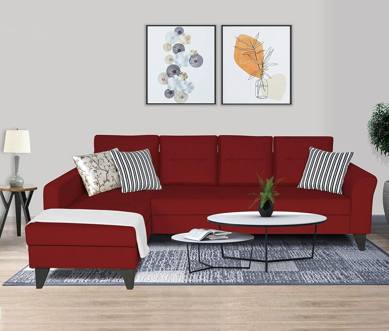Sectional L Shape 5 Seater Sofa , Upholstery Fabric for Living Room Durable & Comfortable Padded Perfect for living Room - Maroon