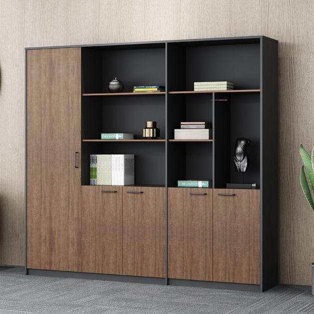 Cabinet with Full-Length Wardrobe, Multi-Tier Open Display Shelves, and Four Lower Storage Cupboards in Premium Walnut and Grey MDF Finish