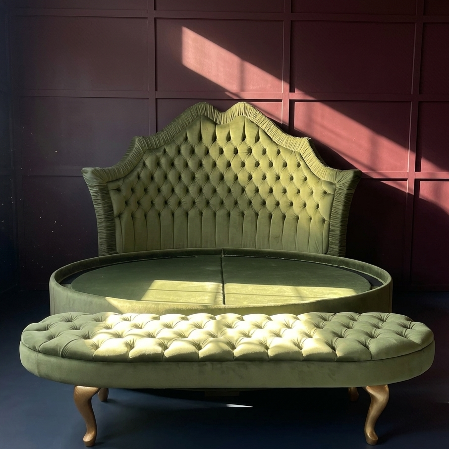 Royal Round Bed in Olive Green Premium Velvet with Deep Diamond Tufted Wingback Headboard, Polished Gold Metal Legs