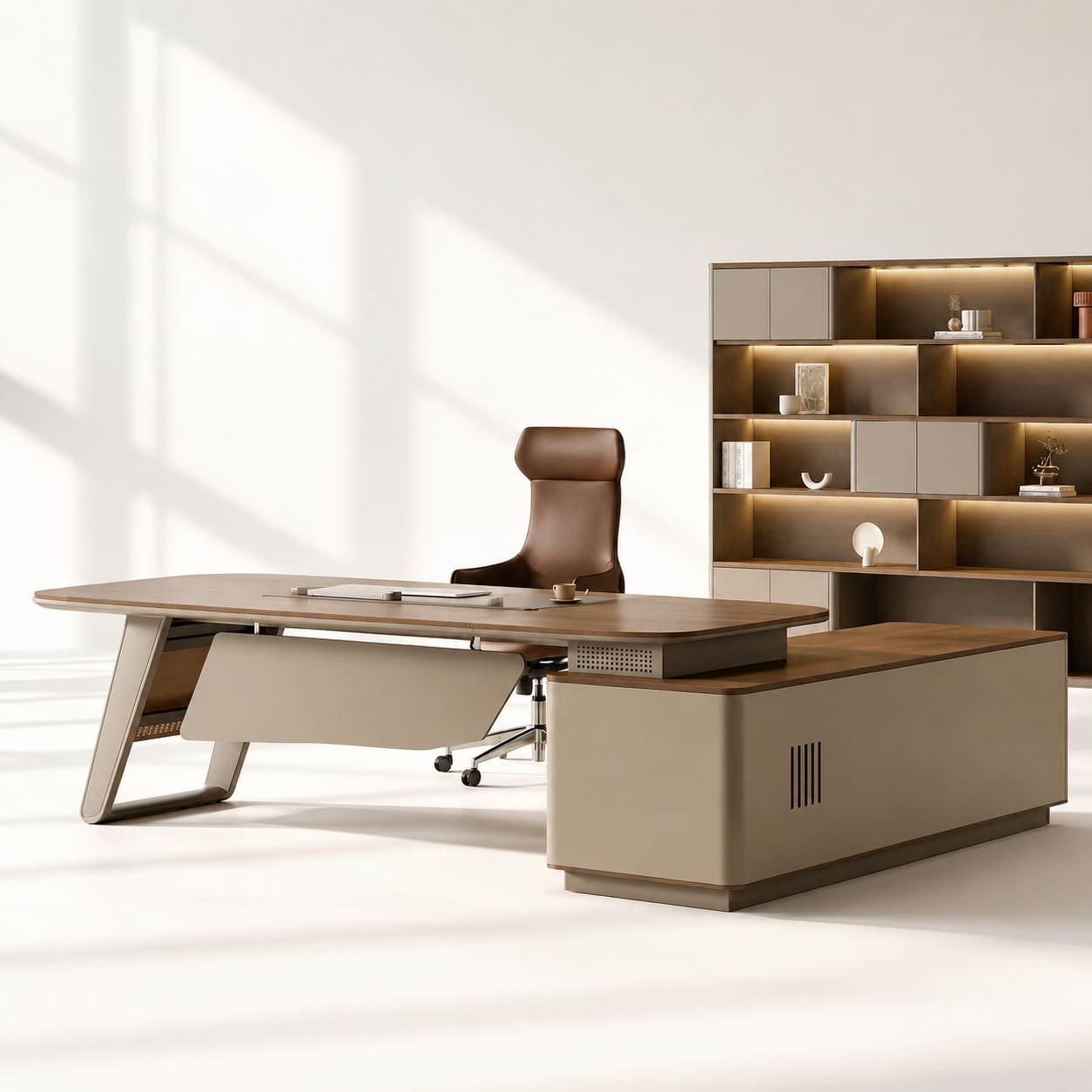 CEO Director Desk Massive L-Shape Workspace with Premium Marble Laminate, Padded
