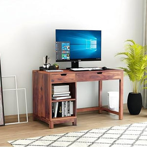 Office Computer Table Made in Solid Wood with 2 Drawers & Open Shelf Storage Brown Finish