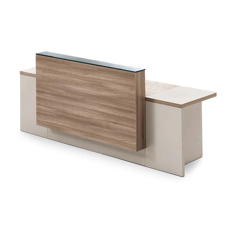 Reception Table Stylish Large for Office Made in MDF with Melamine 2 People Seater Counter and Openable Shutter and Cabinet- Light Walnut