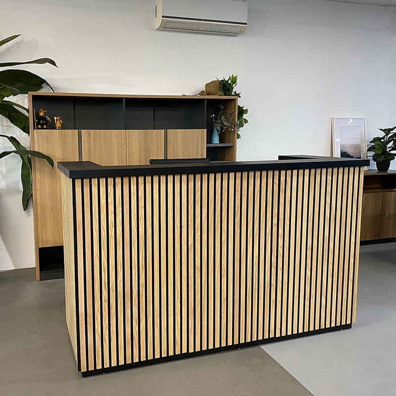 Stylish Reception Table for Office Made in Flexible Ply with Pinewood U Shape Design and Drawer & Storage - Black & Oak