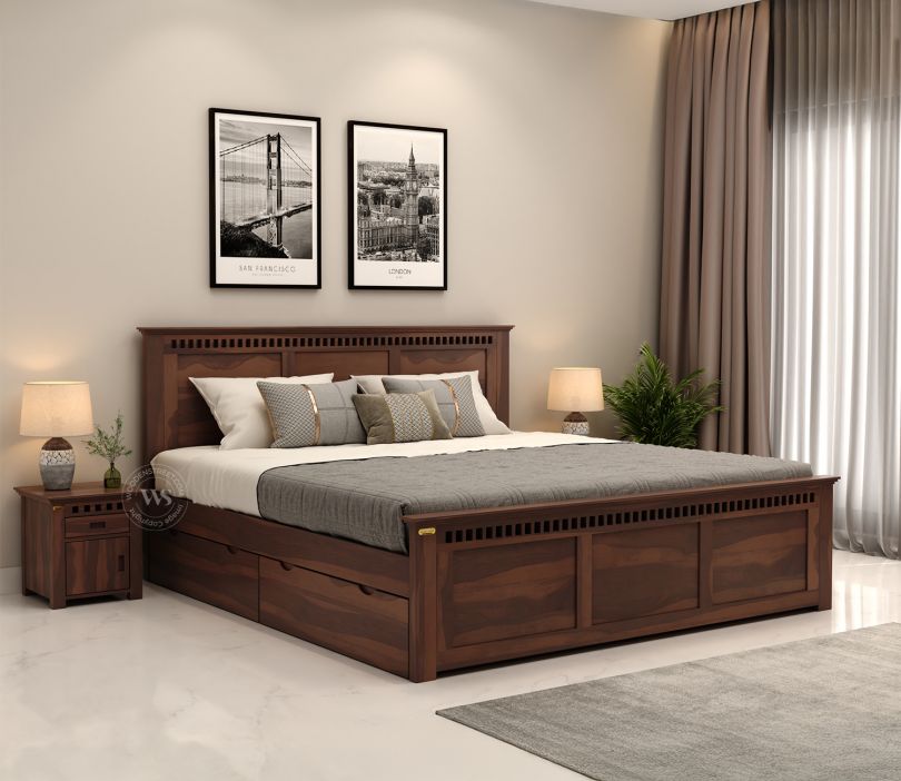King‑size Sheesham wood bed with stylish headboard & hydraulic under‑bed storage, elegant walnut finish