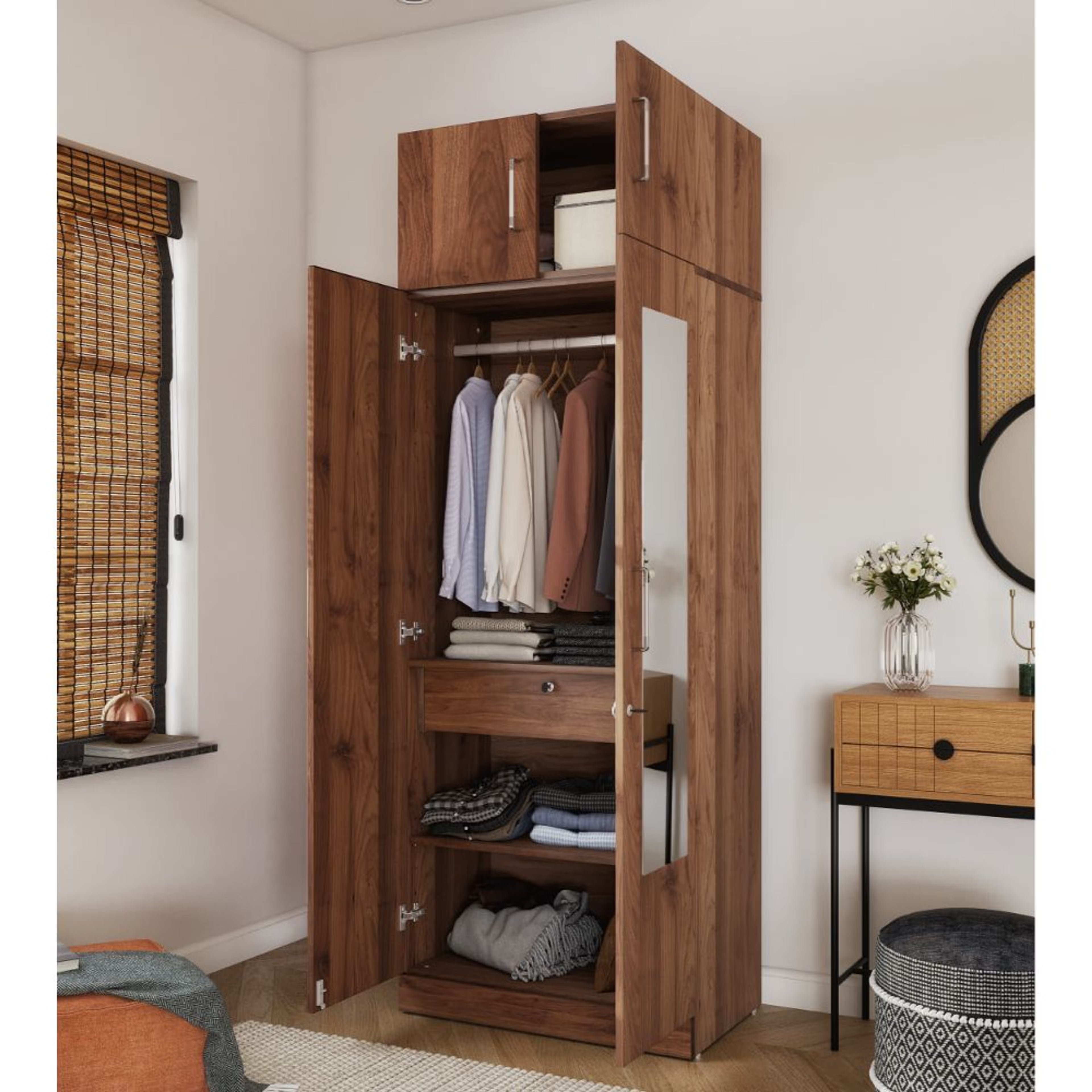 Almirah for Bedroom Storage with Mate Finish 2 Door, Drawer, Hanging Rod & Mirror