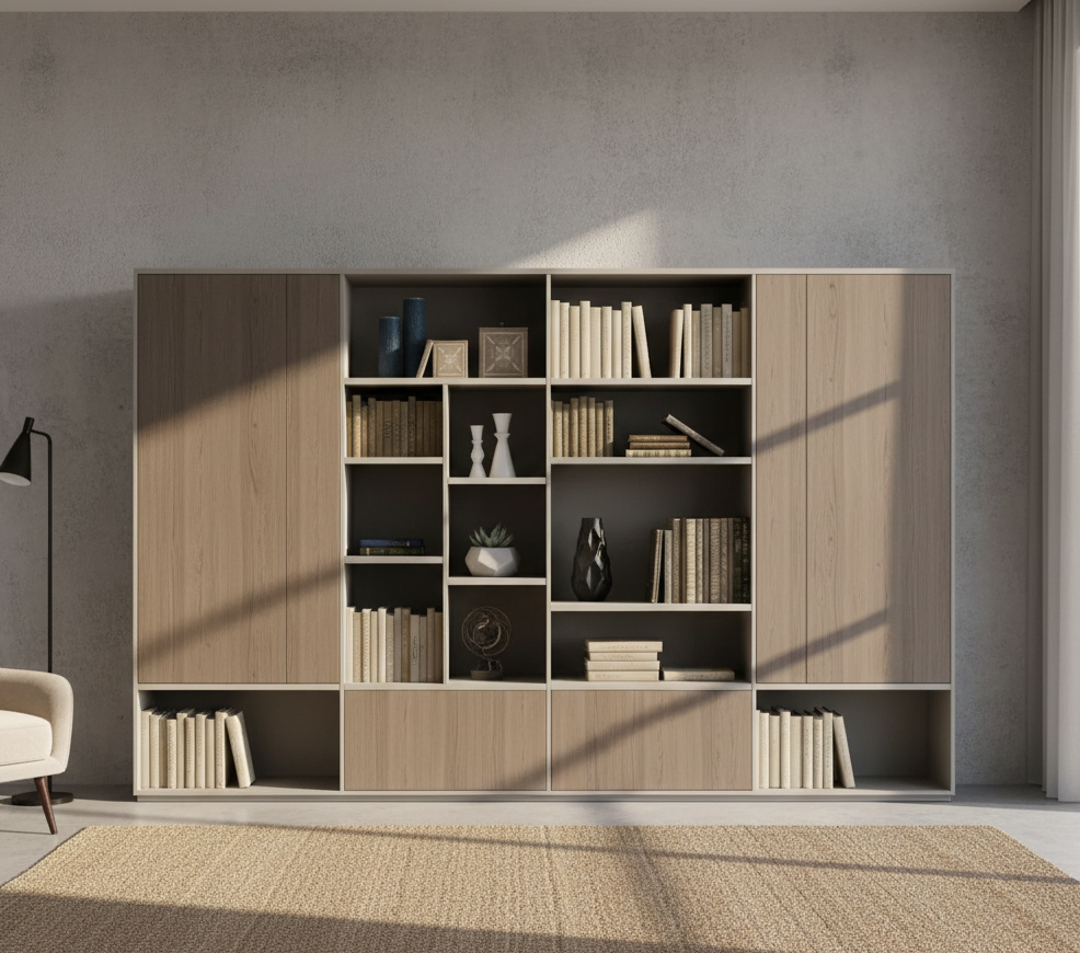 Grand Executive Office Wall Storage System with Multi-Tier Open Display Library Shelves, and Modern Minimalist Frame in Premium Wood Grain and Grey MDF