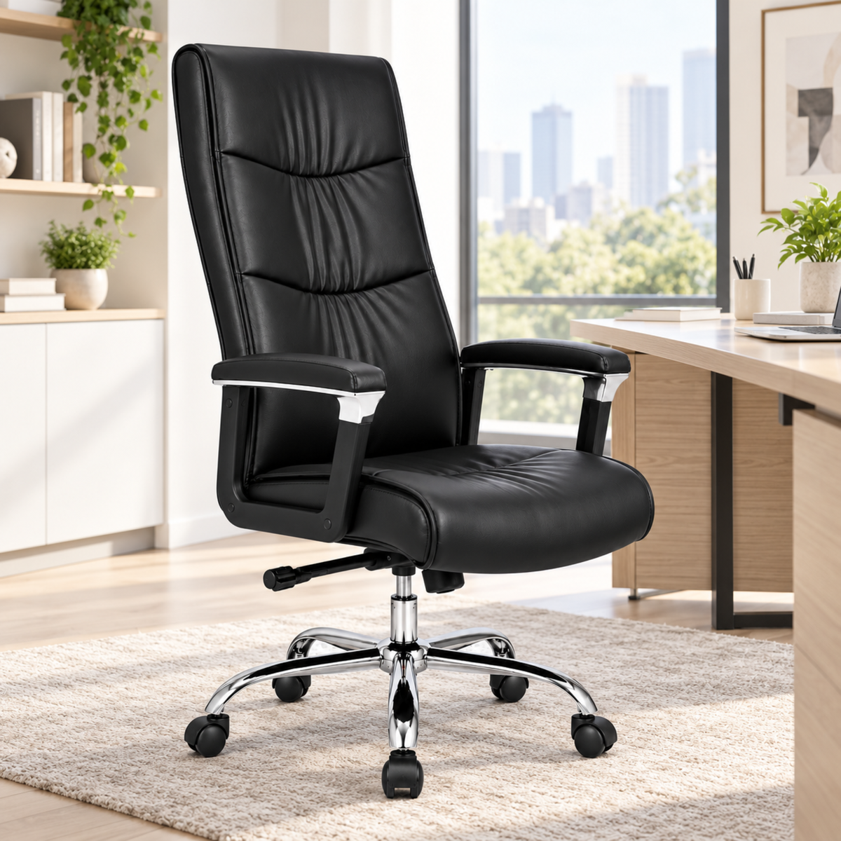 Professional Office Chair, High Back Leatherette Cushioning and Chrome Support Base