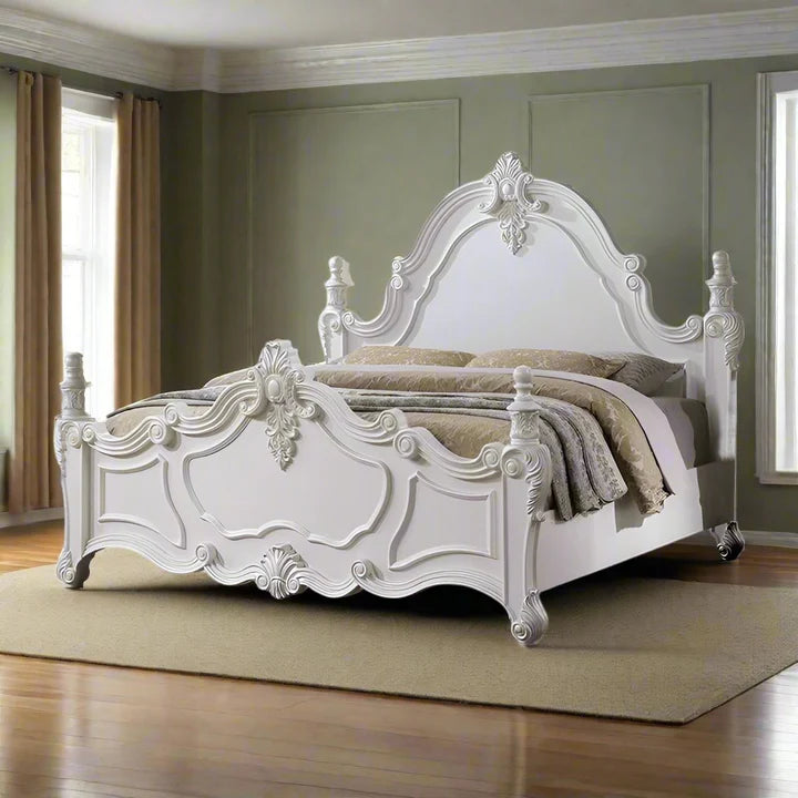 Maharaja White Bed – Hand-Carved Royal Design, Antique Finish, Solid Frame, Indian Luxury Furniture, Premium Bedroom Decor, No Storage