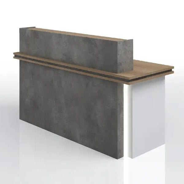 A reception table with a contemporary stone finish laminate front panel and a wooden structure.