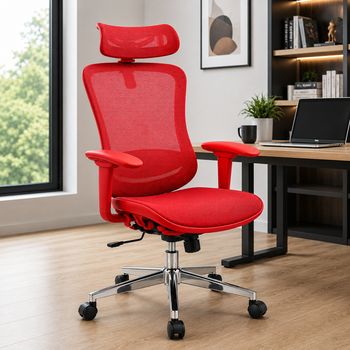 Ergonomic Mesh Office Chair with Adjustable Headrest, Lumbar Support, Breathable Mesh Back, Padded Seat, Chrome Base and Smooth Castors