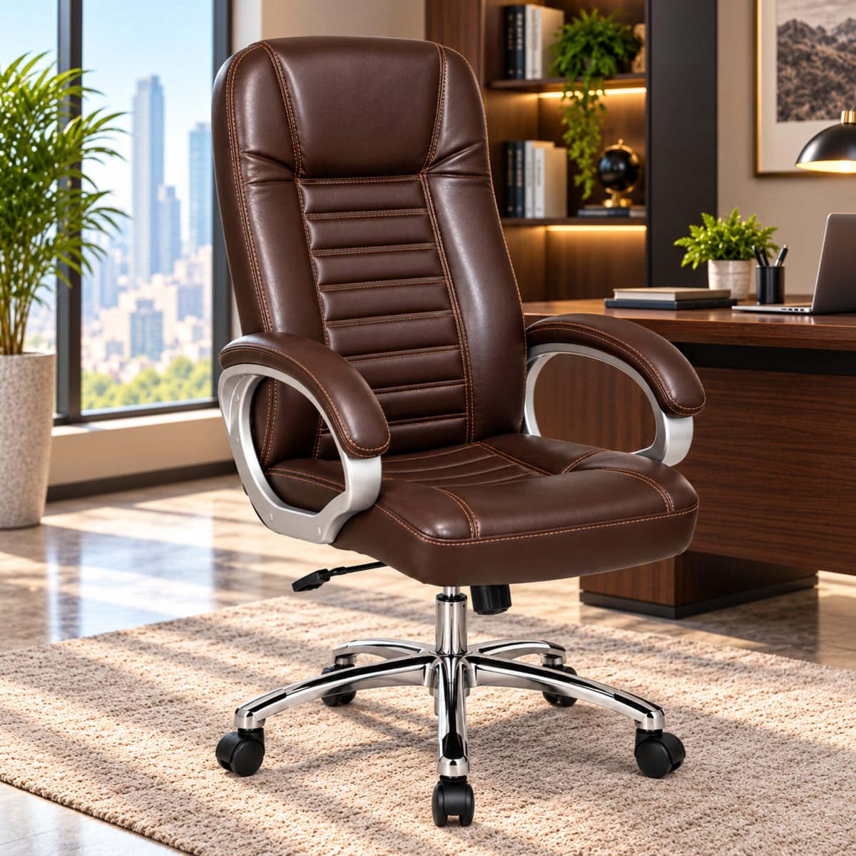 Premium Director Chair, Leatherette Upholstery, Powder-Coated Chrome Base