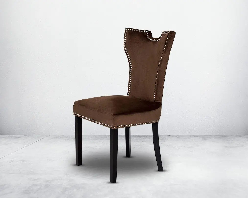 Elegant Brown Velvet Dining Chair with Studded Trim - Luxurious Home Furniture for Dining Room & Kitchen