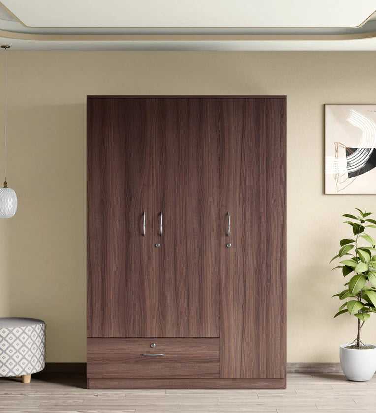 Wooden Almirah for Home Furniture in Particle Board Material – 3 Door with 1 Drawer, Stylish Handles for Bedroom Storage
