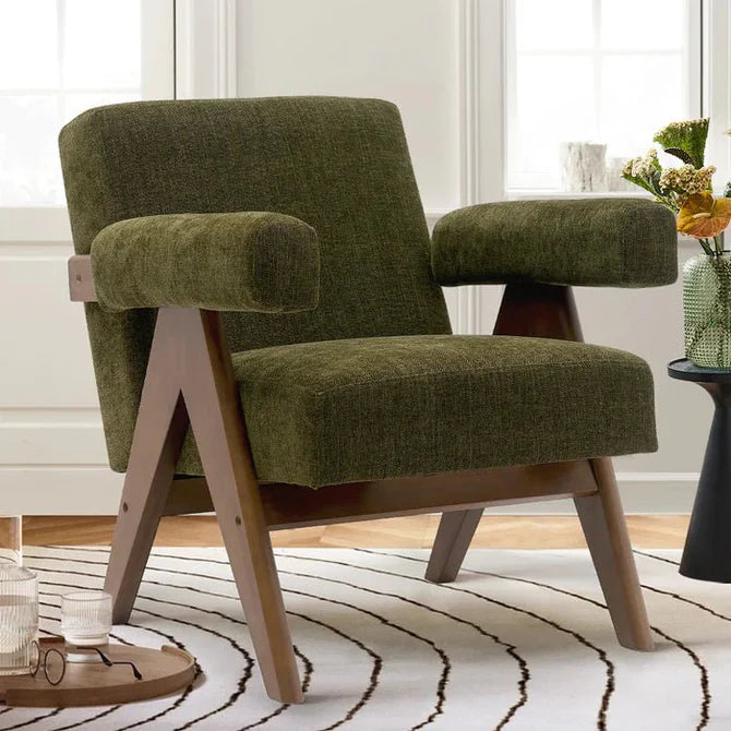 Lounge Chair For Living Room ,Comfortable Seating ,Durable Design Wooden Arm , Upholstery Polyester and Teak Wood Legs With wooden Polish -Dark Green