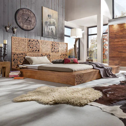 घर के लिए किंग साइज़ लकड़ी का बेड, बिना स्टोरेज के शानदार डिज़ाइन, उच्च गुणवत्ता वाली ठोस लकड़ी का फ्रेम, प्रीमियम टीक वेनीयर और मेलामाइन पॉलिश फ़िनिश