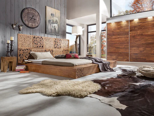 King Size Wooden Bed for Home Luxury Design without Storage High-Quality Solid Wood Frame, Premium Teak Veneer & Melamine Polish Finish