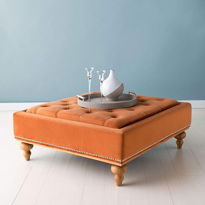 Luxurious Orange Velvet Tufted Storage Ottoman - Elegant Home Furniture Footstool with Solid Wood Legs