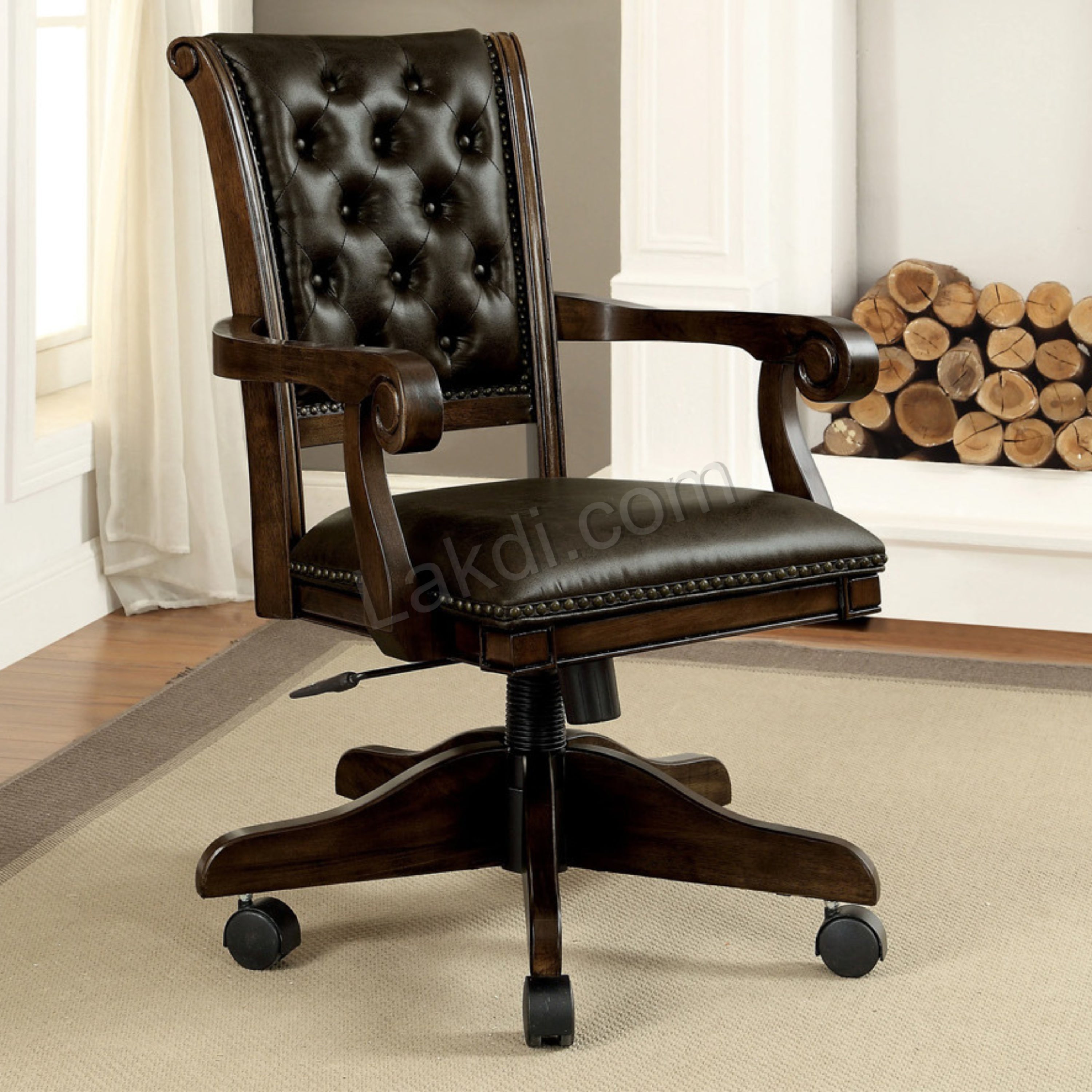 Luxury Office Director Chair Tufted Design Made in Solid wood with Leatherette and Soft Padded - Armrest and Swivel Base and Polish- Dark-brown