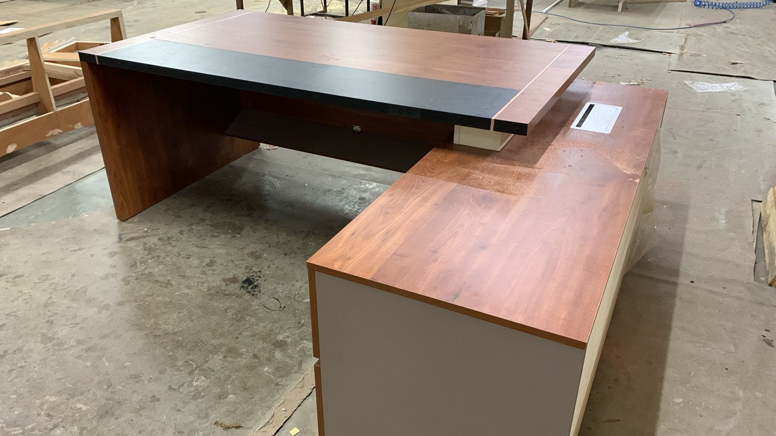 Director Office Table Made In Particle Board with Side Unite and Drawers & CPU Space - Teak Walnut Finish