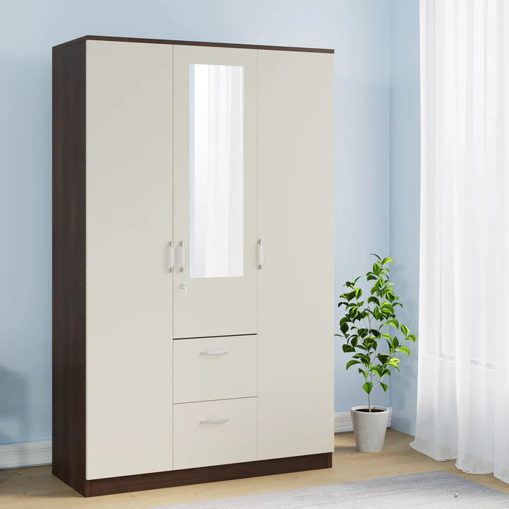 Wooden Wardrobe for Home Furniture Compact 3-Door Wardrobe with Drawer and Mirror
