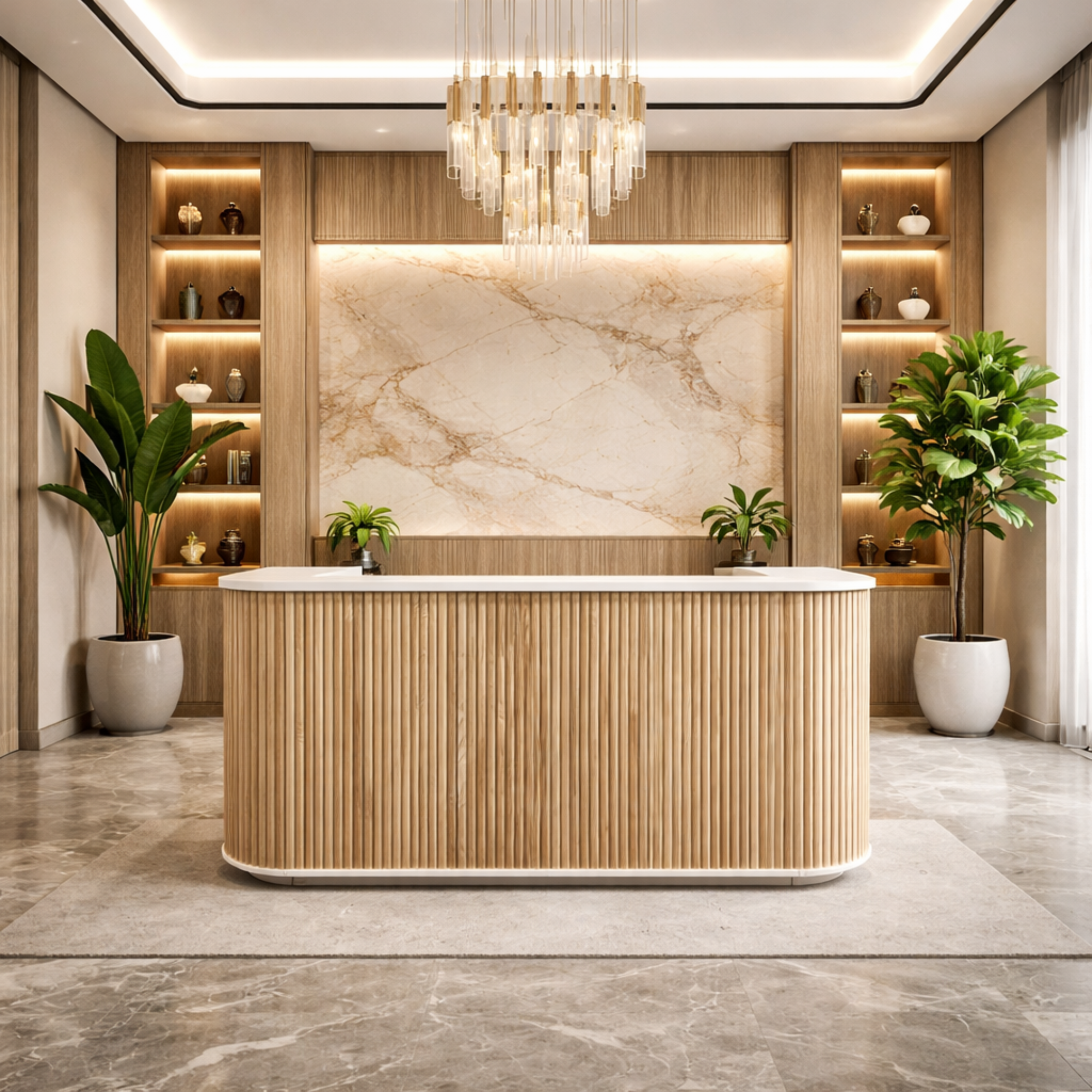 পাইনউড ইউ শেপ ডিজাইন এবং হাতে তৈরি স্টেটমেন্ট পিস দিয়ে তৈরি অফিসের জন্য স্টাইলিশ রিসেপশন টেবিল যা প্রাকৃতিক সৌন্দর্যের মিশ্রণ ঘটায়।