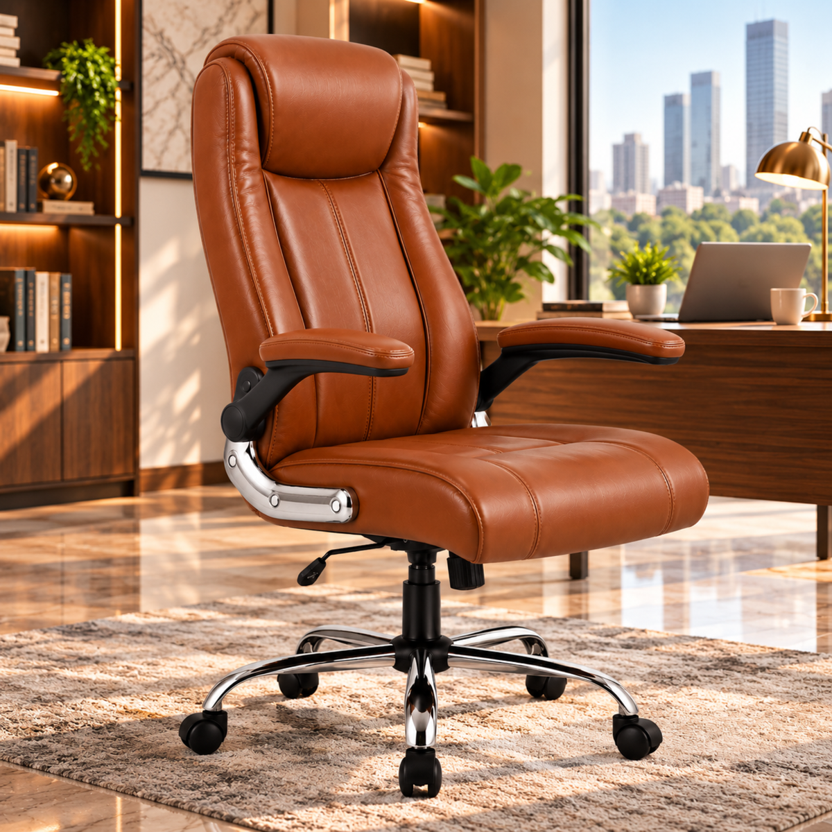 Director Chair with High-Back Padded Leatherette Office Chair with Solid Wood Frame and Rolling Casters