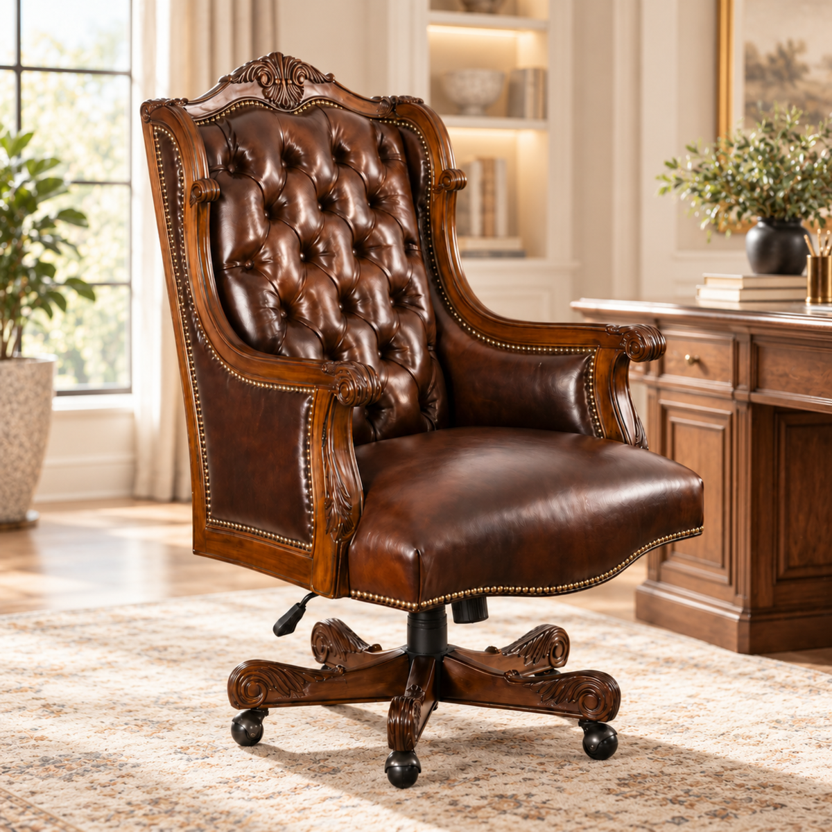 Luxury Design Boss and Director High-Back Leatherette Office Chair Swivel, Adjustable Height, Fixed Armrest, and for Wooden Base