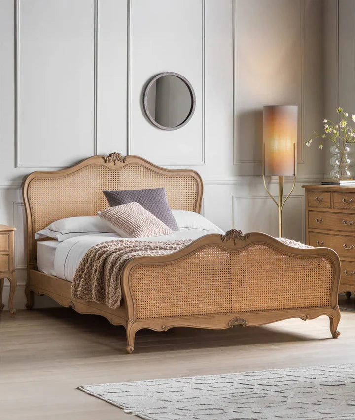 King Size Bed – Solid Wood Frame, Royal Look, Elegant Headboard, Luxury Finish, Wood Cane Bed – Handcrafted Elegance, Rattan Panel Design