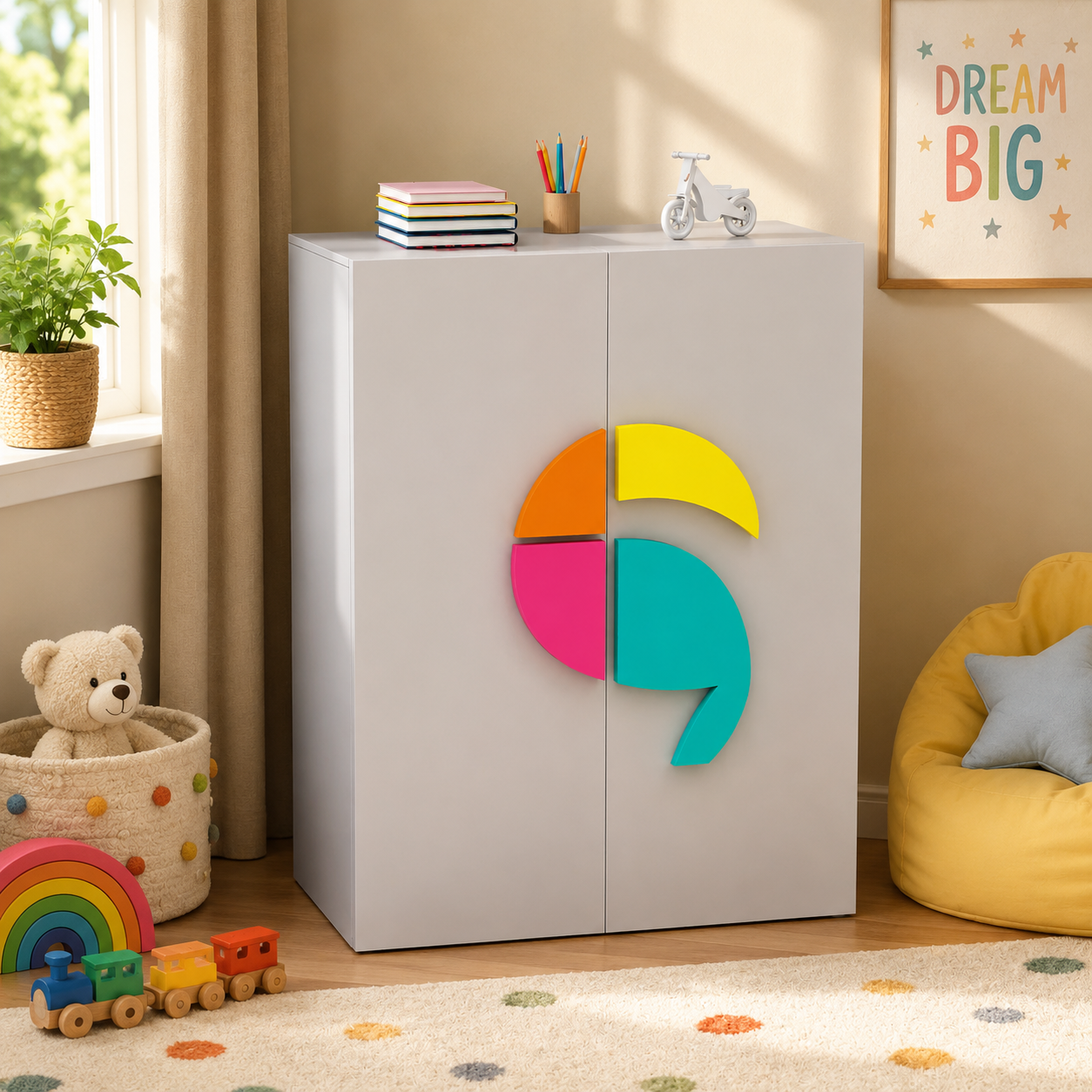 Kids Storage Cabinet in White with Double Door Storage, Toy & Book Organizer for Kids Bedroom, Nursery, Playroom & Study Area