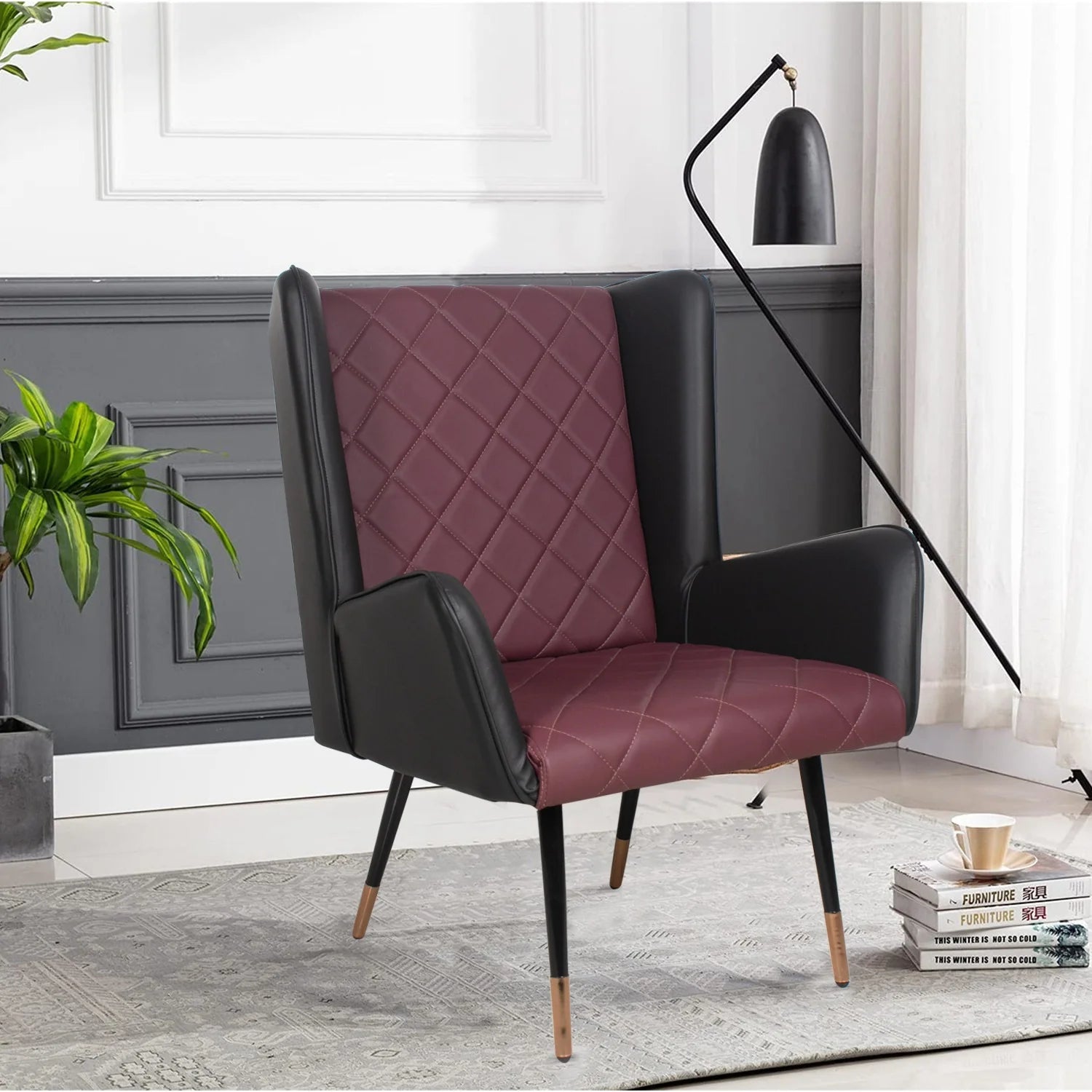 Lounge Chair High Back Sofa upholstered in Fabric Arm Chair Modern and durable For Living Room or Bedroom-Black and maroon