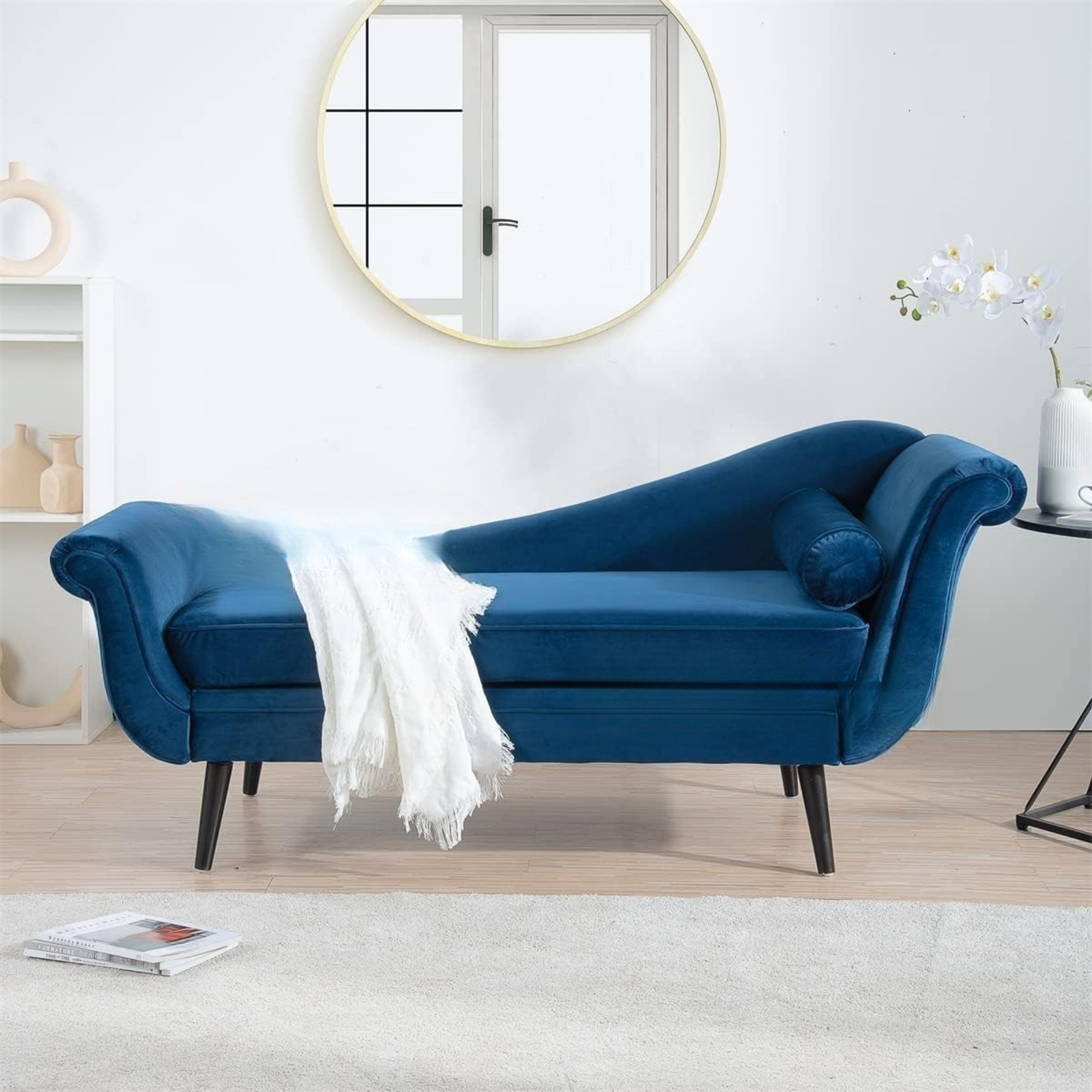 Chaise Lounge Chair Upholstered in Velvet Cozy and Stylish ,Comfortable Durable Design for Living Room or Office -Navy Blue